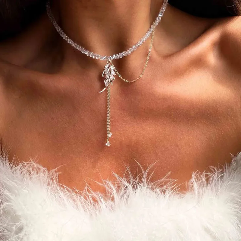 Boho Geometric Transparent Crystal Jewelry Fashion Vintage Tassel Zircon Leaf Pendant Tassel Necklace For Women Neelry N562