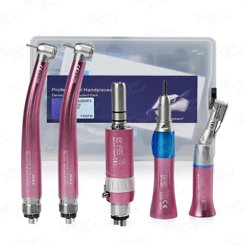 Dental Color Low Speed and High Handpiece Kit Push Button Contra Angle Single Way Water Spray Air Turbine 2/4 Hole