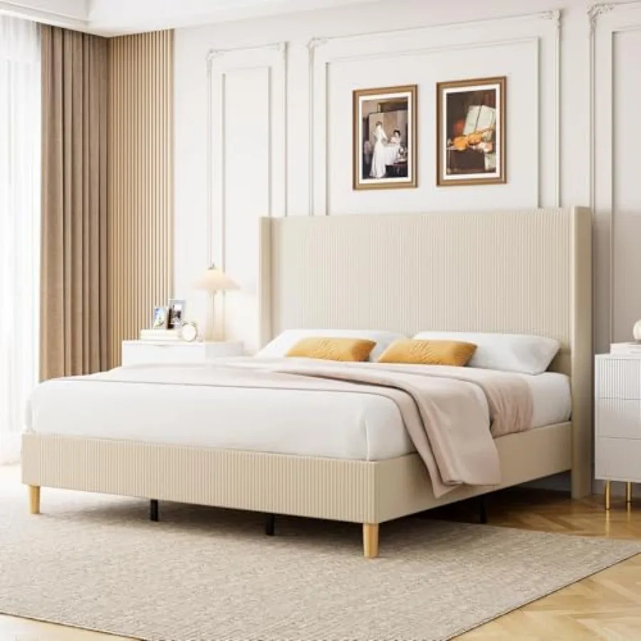 Corduroy upholstered bed frame with headboard for bedroom, beige fabric, soft texture and modern minimalist design