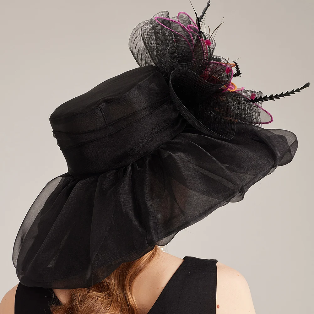 FS Black Purple Organza Fascinator Kentucky Derby Hat With Flower Feather Church Hats For Women Elegant Wedding Tea Party Cap