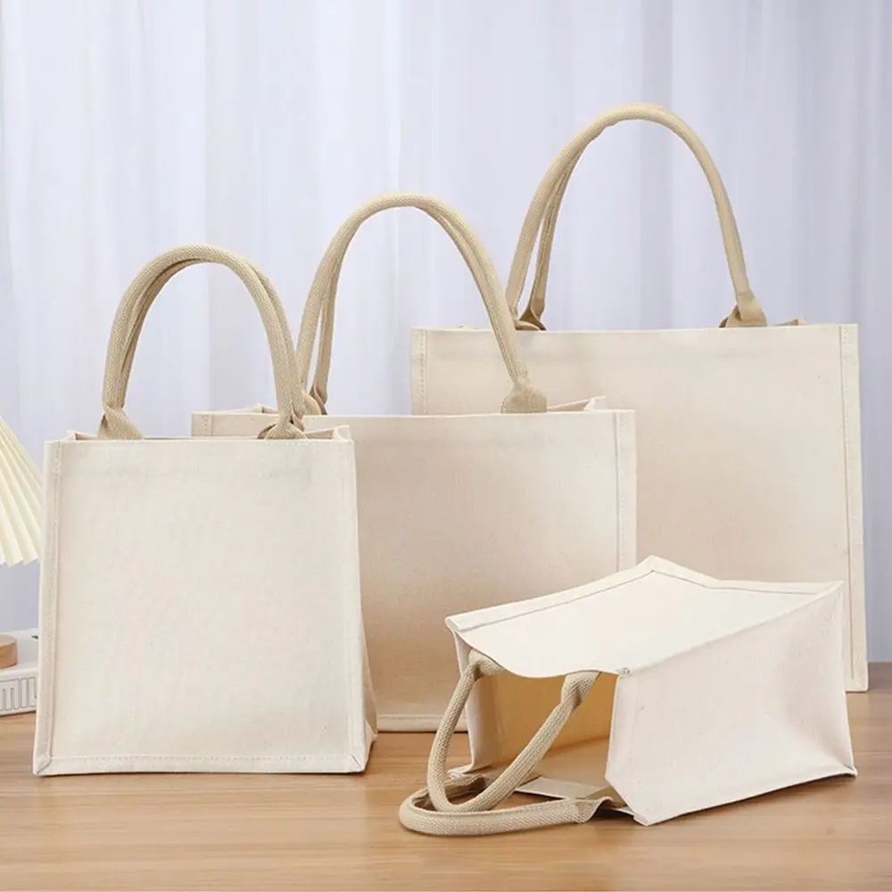 Beige Canvas Bag Reusable Large Capacity DIY Hand Drawn Blank Tote Sack Daily Commutting Foldable Shopping Bag