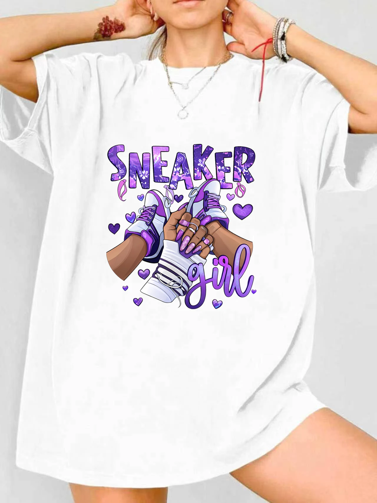 

【JYDX112278】Фиолетовая женская футболка больших размеров с принтом в виде ногтей, с круглым вырезом, летняя, повседневная, с короткими рукавами, в уличном стиле, универсальная.