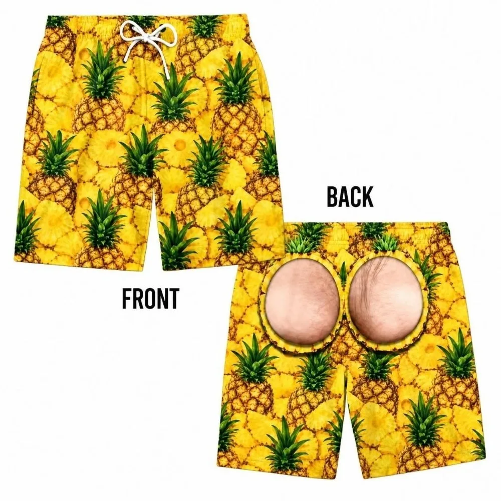 Loose-Fit Men Funny Board Shorts Breathable Elastic Print Beach Shorts Vibrant Fruit-Themed Novelty Swim Trunks Beach Vacation