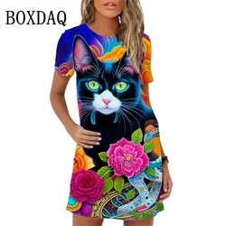 Sweet Cartoon Cat Print Women Dresses Funny Cute Floral Short Sleeve O-Neck Loose Mini Dress 2023 Summer Beach Party Dress Girls