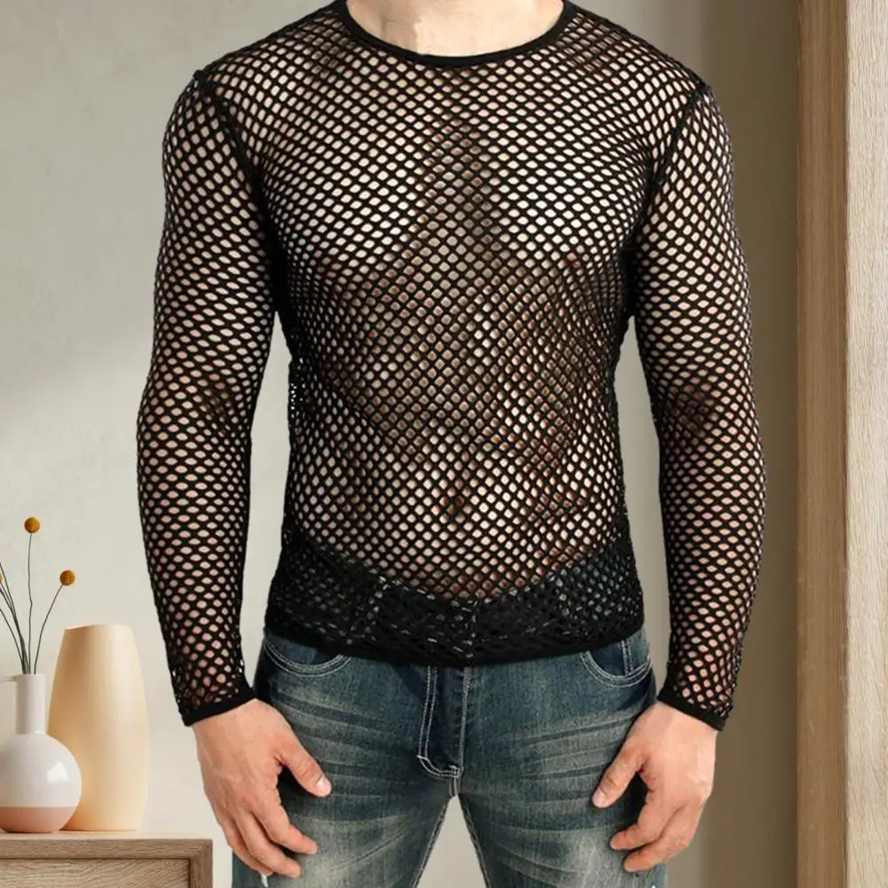 Men Mesh T Shirt Transparent Sexy Fishnet O Neck Long Sleeve Club T-shirt Party Nightclub Mesh Hollow Out See-through Tshirt