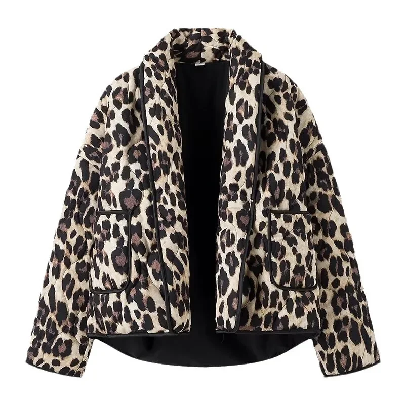 Leopard Short Padding Luxury Jacket Winter Woman Clothing Y2K Korean Fashion Style Vintage Outerwears Top Coat Elegant Parkas