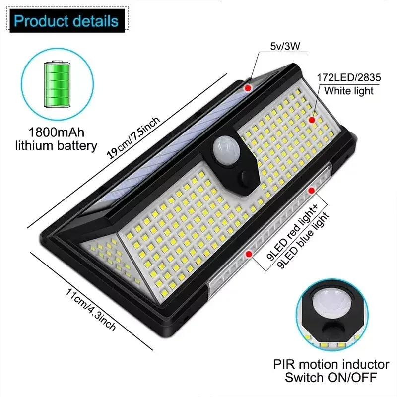 Luces solares impermeables para exteriores, 190 LED, Sensor de movimiento, gran angular, lámpara de pared de seguridad superbrillante para jardín