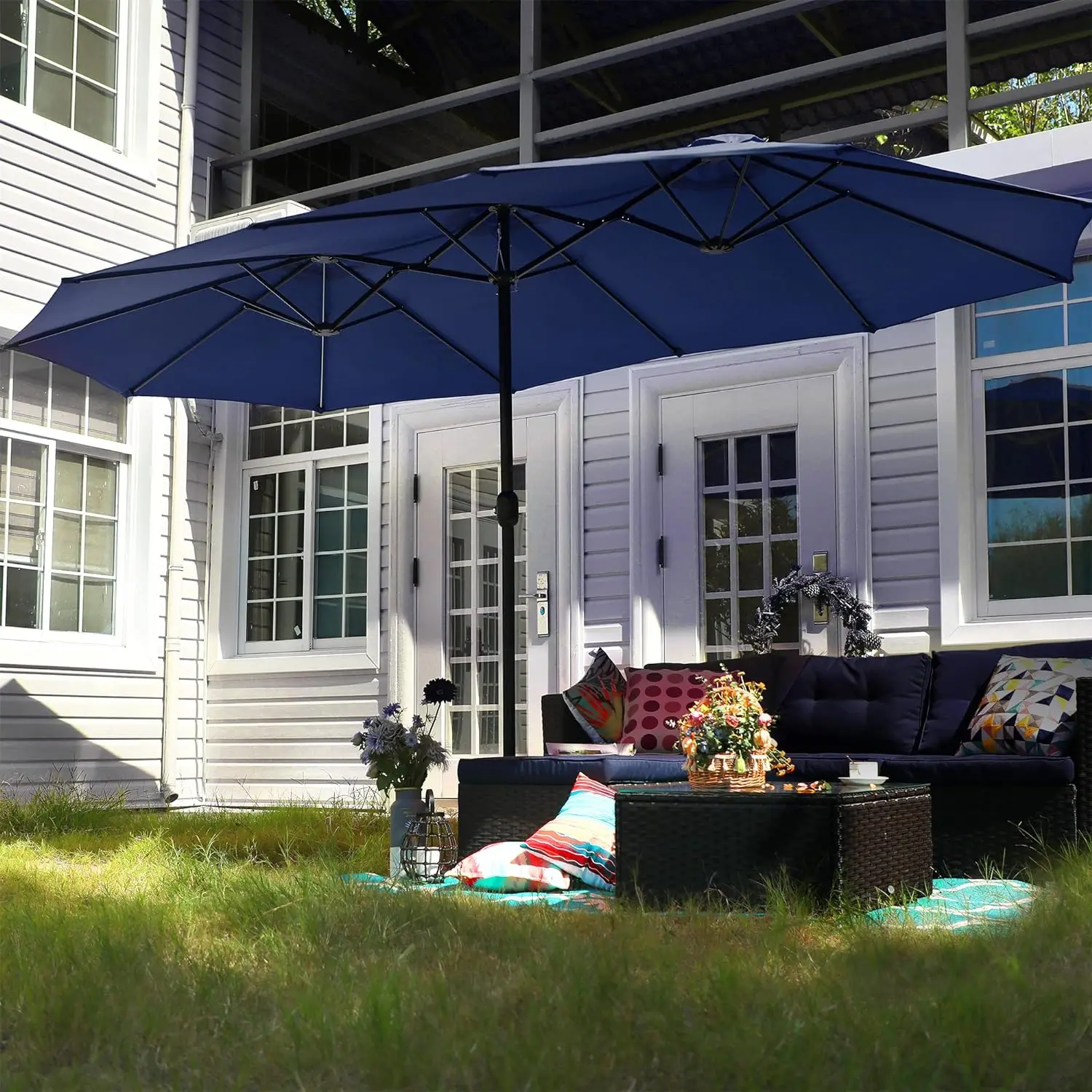 15ft Large Patio Umbrella with Base Double-sided Outdoor Umbrella Navy Easy to use Durable construction  anti-UV