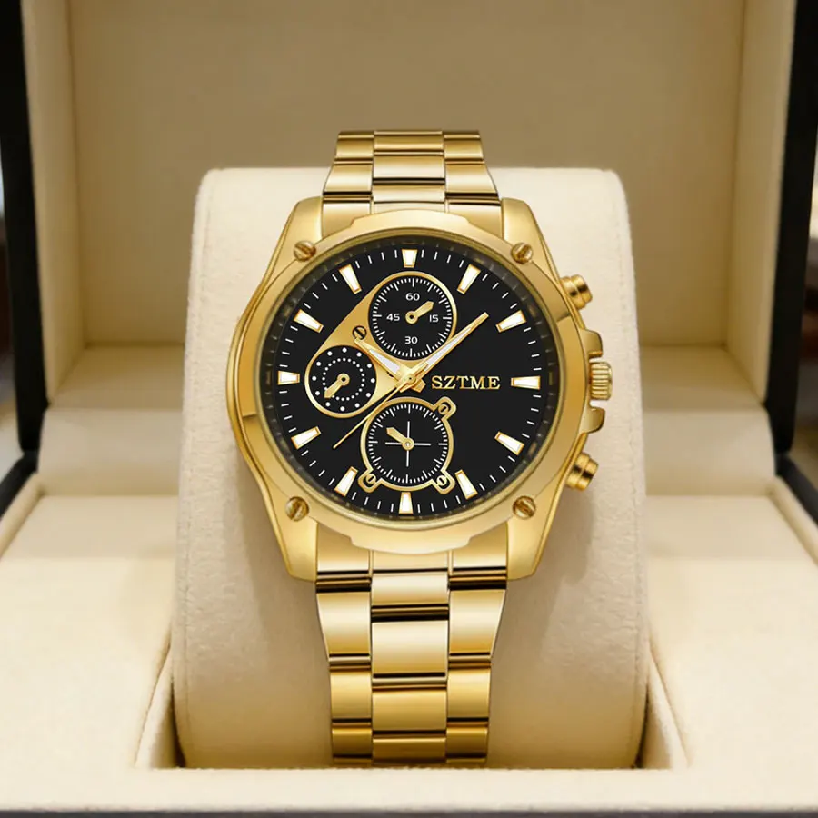 

Trendy business gold men's watch with large dial, classic casual stainless steel quartz watch with luminous hands for men