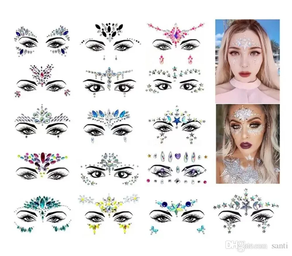 Factory 100pcs/lot Rhinestone festival Face jewels sticker Fake Tattoo Stickers Body Glitter Tattoos Gems Flash