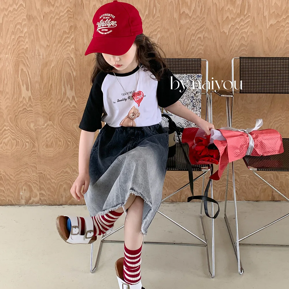 Spring Autumn Girls\' Denim Skirt 2023 Summer New Korean Baby Kids Retro Gradient Skirt Children\'s Fashionable Long Skirt