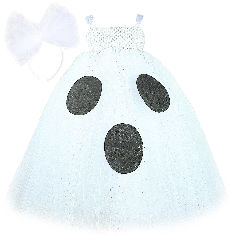 Sparkly White Spooky Ghost Costumes for Girls Creepy Halloween Long Dresses for Kids Carnival Party Disguise Scary Tutus Outfits