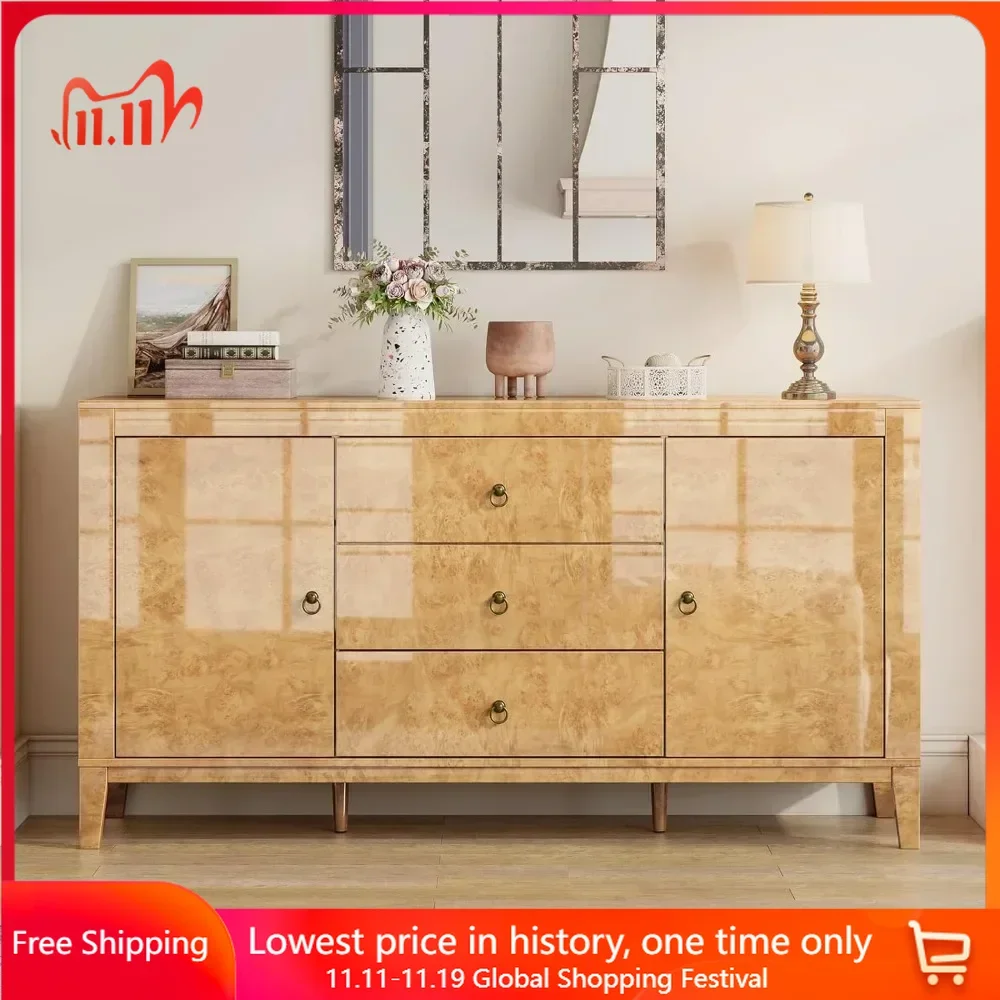 60'' Sideboards with 3 Drawers & 2 Closed Storages, Mid-Century Modern Sideboard, Blond Burl, High Gloss Sideboards