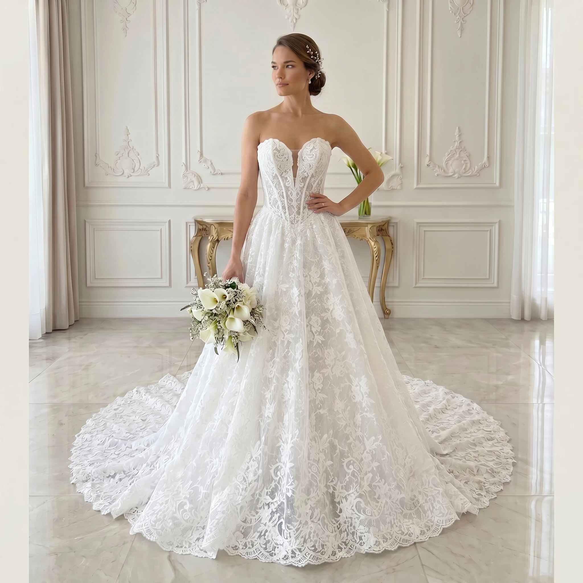 

Strapless Sweetheart A Line Wedding Dress Full Floral Lace Corset Back Scalloped Chapel Train Bridal Gown