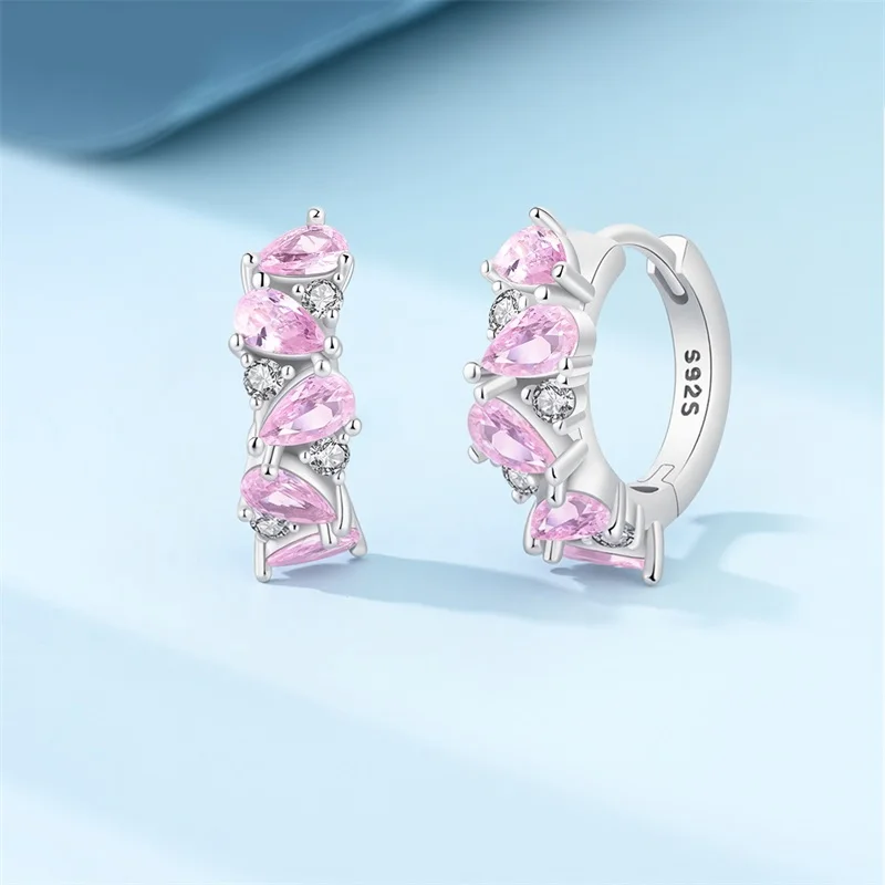 Immagine 3: Eleganti orecchini a cerchio in argento sterling 925 con cristalli rosa per le donne, regali di gioielli da sposa di alta qualità