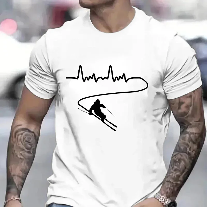 Men's Clothing Ski Skiing Heartbeat Snowboard Shirts Fashion Graphic Short Sleeve Tee O-Neck Harajuku Men Oversized T-shirt