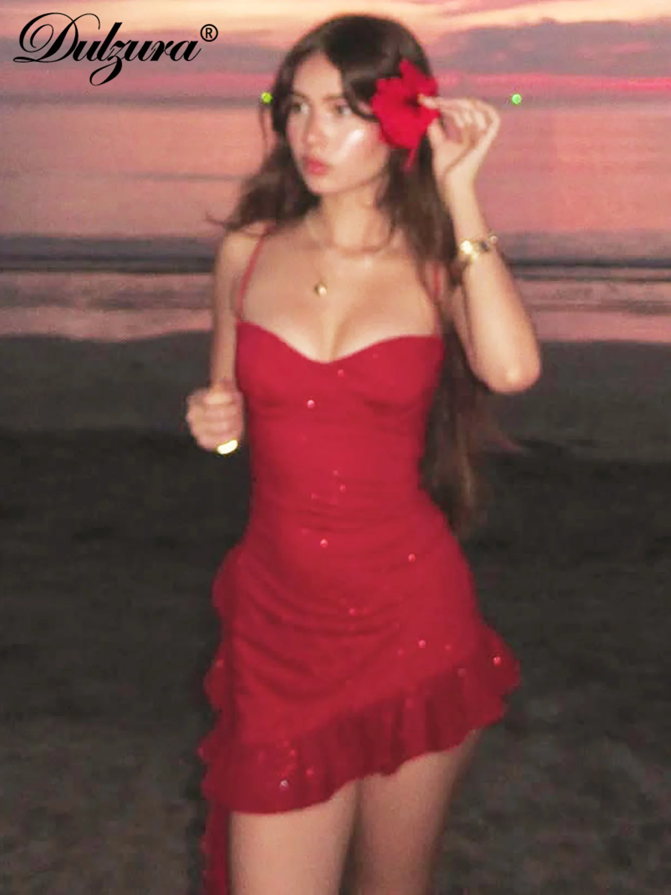 Dulzura ノースリーブ バックレス ボディコン 不規則なメッシュ パッチワーク ブリンブリン フリル キャミ ミニ ドレス セクシー エレガント ショート ドレス パーティー クラブ