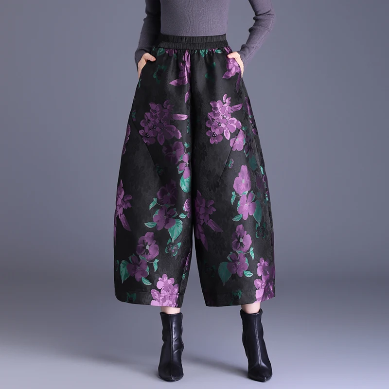 

Women's plus Size Floral Print Casual Pants High Waist Wide Leg Trousers Autumn Winter Thiened Nine Points Pants