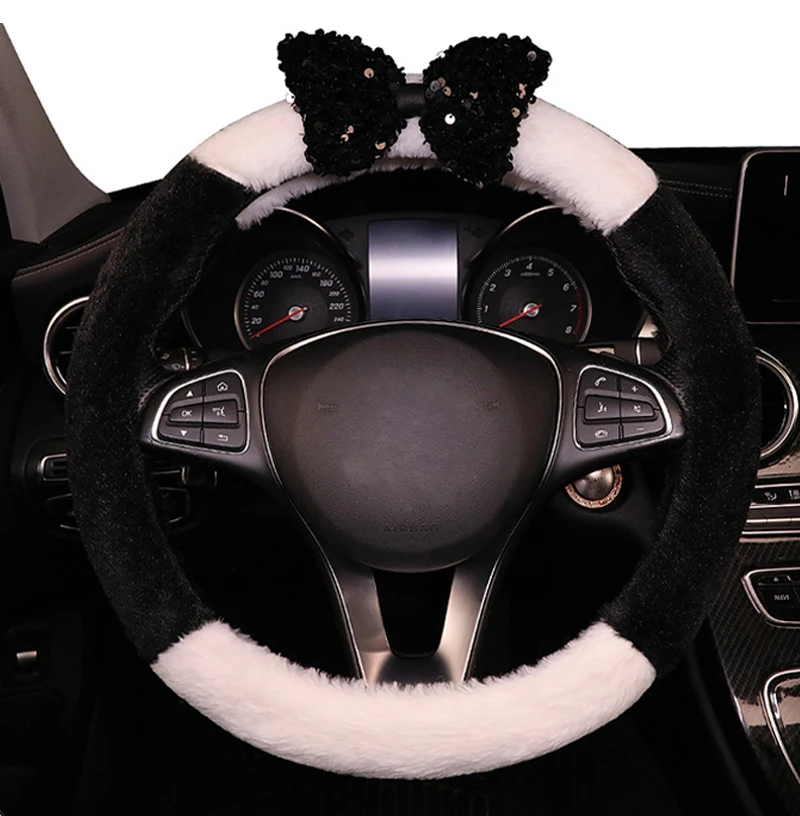 Universal Winter Warm Plush Car Steering Wheel Cover Lovely Bowknot Cute Steering Wheel Braid 37 38 Cm Car Accessories