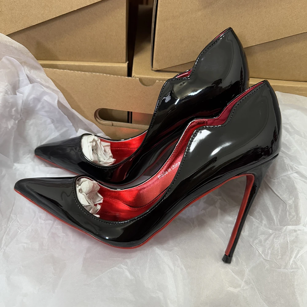 Hot Elegant Glossy Black Curl Cut Women Pointy Toe 12cm High Heel Shoes Sexy V Cut Lady Party Wedding Stiletto Pumps White Nude