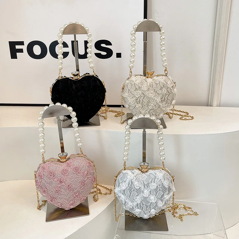 

New! Women's Sweet Girls' Pearl Chain Bag - Lace Heart Stylish Versatile Crossbody Evening & Lipstick Bag
