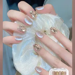 SKY CLOUD 10 Stücke Französisch Milch Tee Katzenauge Farbige Wasser Strass Falsche Nägel Tragen Nail art Vitalität Mädchen Gefälschte Nägel Nagel Patch ﻿