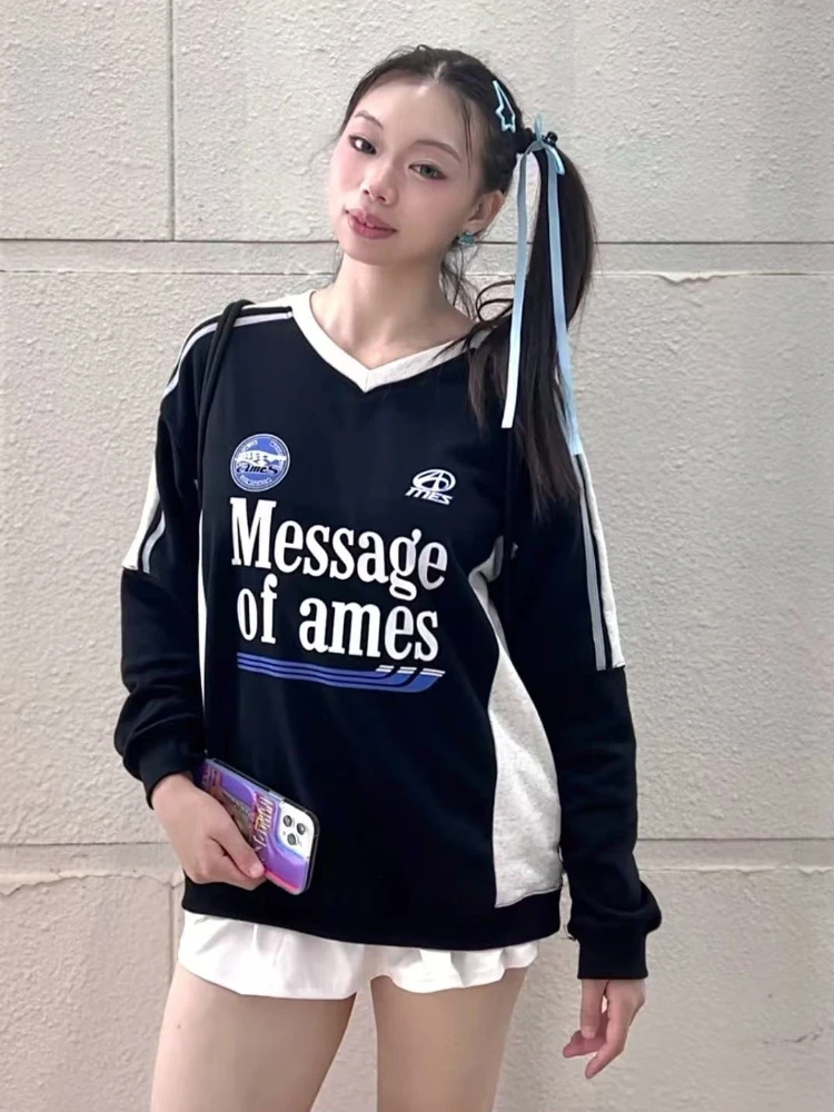 Y2k – sweat à capuche avec lettres imprimées rétro américaines pour femmes, col en V, mode coréenne, Streetwear, surdimensionné, manches longues, 2025