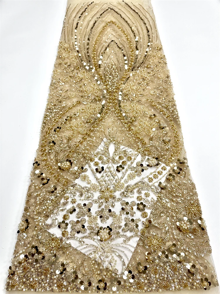 

Популярная африканская кружевная ткань ручной работы с бисером, 2024, французская нигерийская кружевная ткань с блестками, материал для свадебного платья