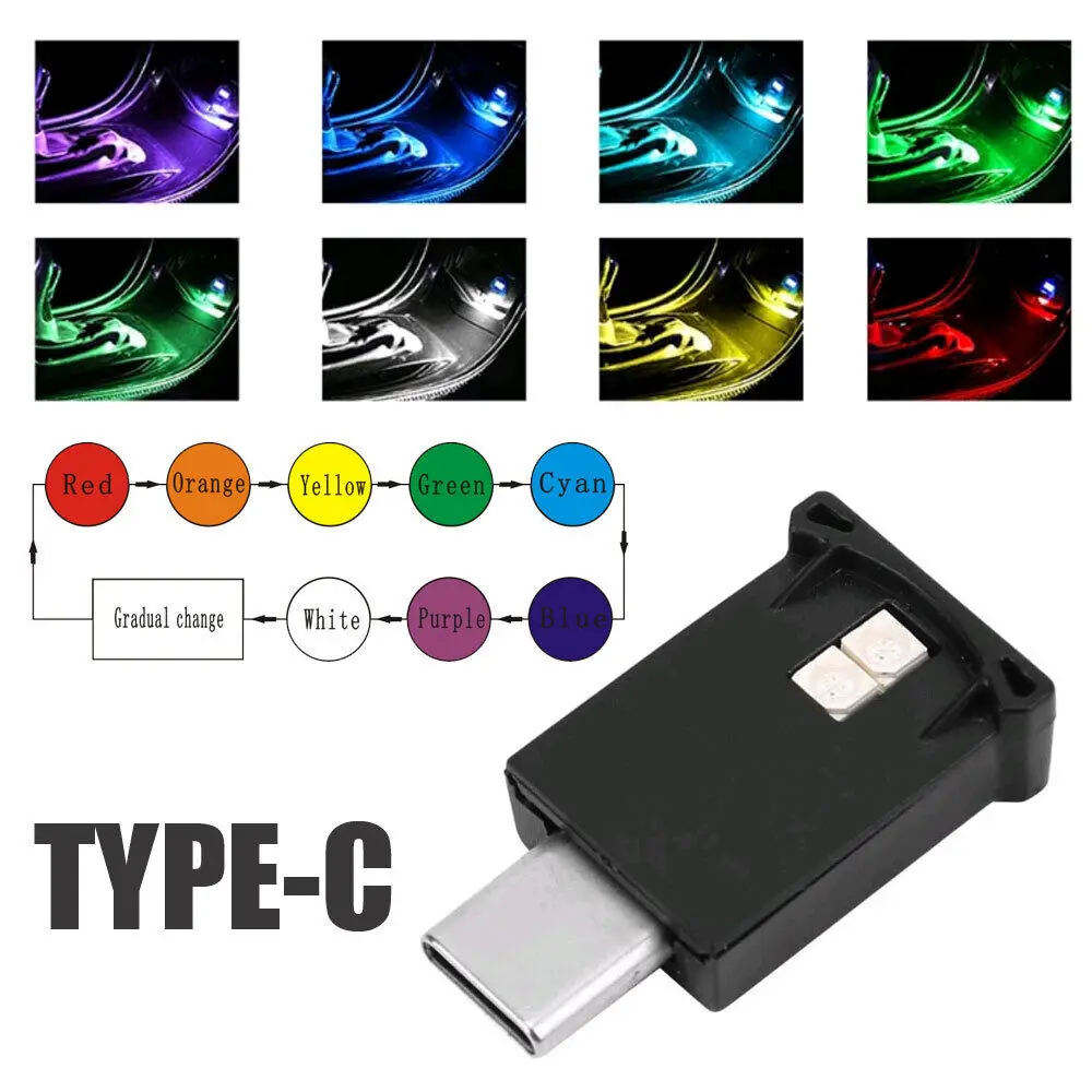 Type-C LED RGB Ambient Light Auto Interior Atmosphere Light Emergency Lighting Light PC Colorful Decorative Lamp Car Accessory