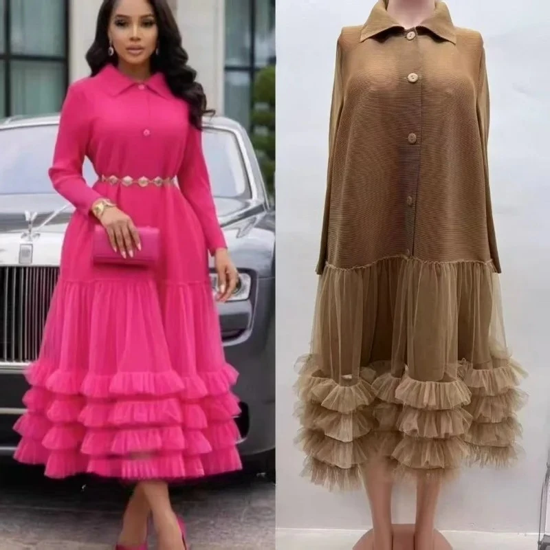 Miyake Geplooide Jurk 2025, Herfst Winter Vintage Effen Kleur Ontwerp Plisse Casual Losse Plus Size Jurk Plooien Dameskleding