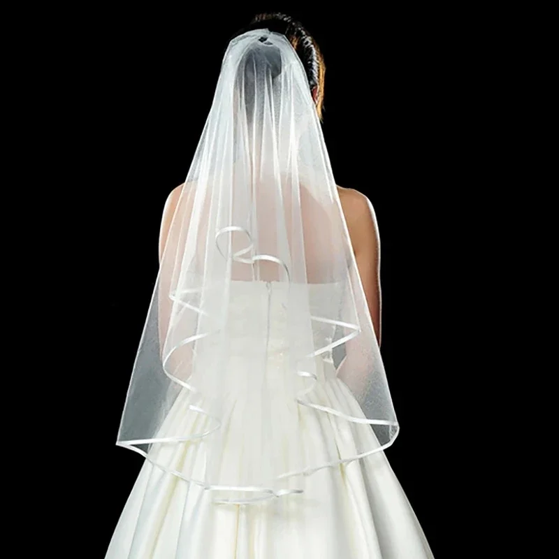 

Two-Layers Bridal Short Tulle Wedding White Color Ribbon Edge Cheap Bride Accessories Women Veil