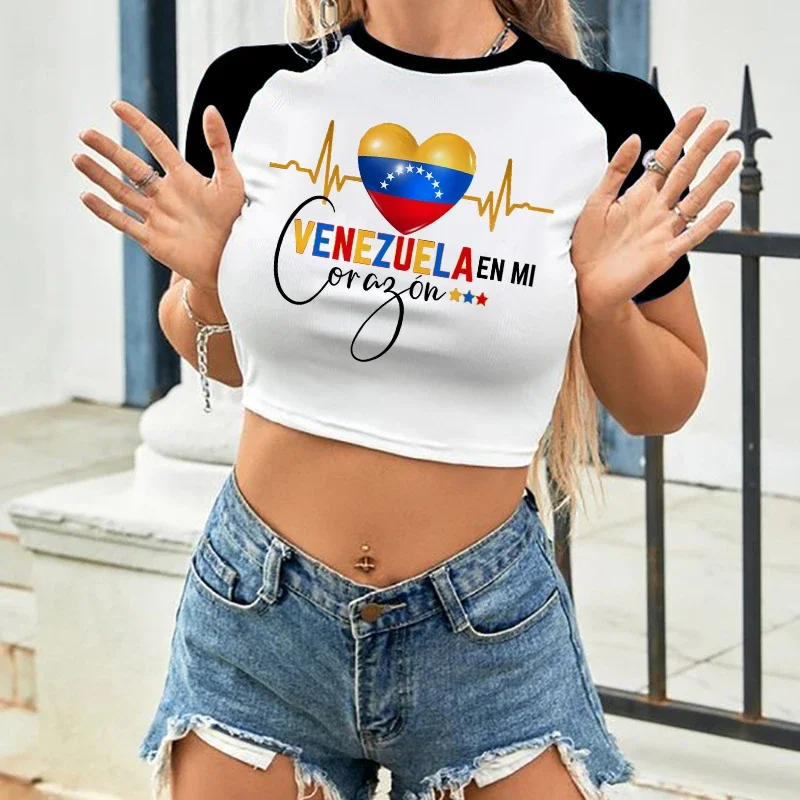 Women Aesthetic Ulzzang T-shirt Venezuela Graphic Y2k Cropped Tee Shirt Funny Mange Crop Top Vintage Gothic Tshirt Clothes Femme