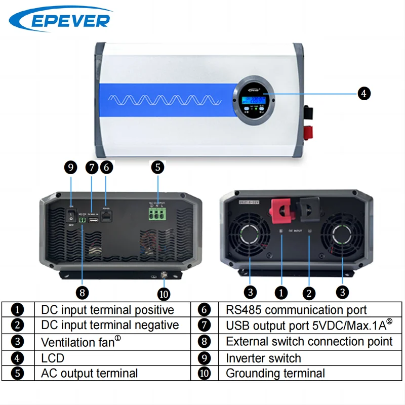 Imagem -04 - Epever-inversor de Onda Senoidal Pura Display Lcd Inversor Solar Fora da Grade 3000w 12v 24v 48v ca 110v 120v 220v 230v 240v Ip3000-plus