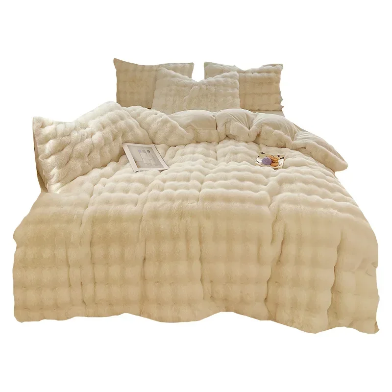 

Thickened rabbit fleece, milk fleece four-piece set, winter warm rabbit fleece bed sheet quilt cover