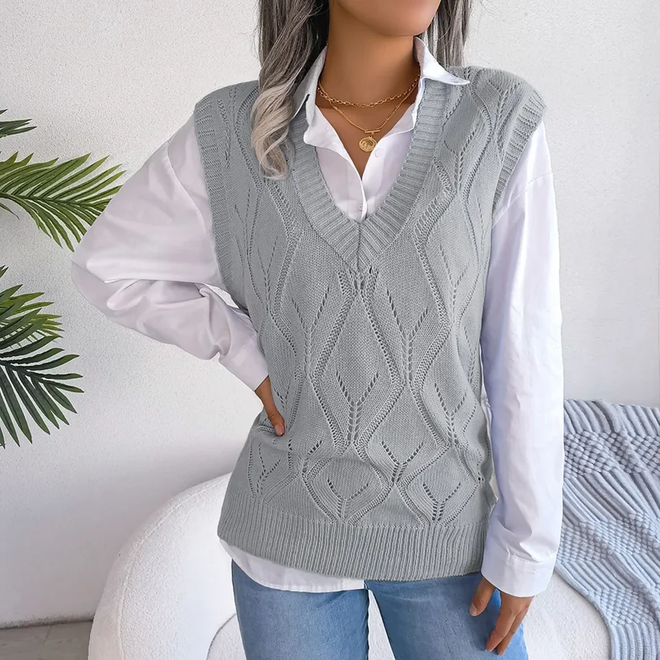 Women's Sweater Vest Casual Sleeveless V Neck Houndstooth Knit Sweater 2023 Fall Aesthetic Sweaters Tops Lady Jumper Coats