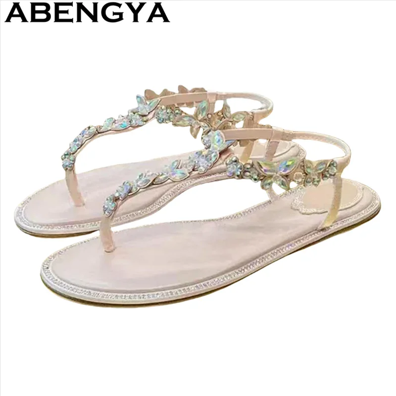ABENGYA 2025 Summer New Women's Flat Flip Flops Beach Sandals European Style Casual Clip Toe Rhinestone Sandals Femme Slides