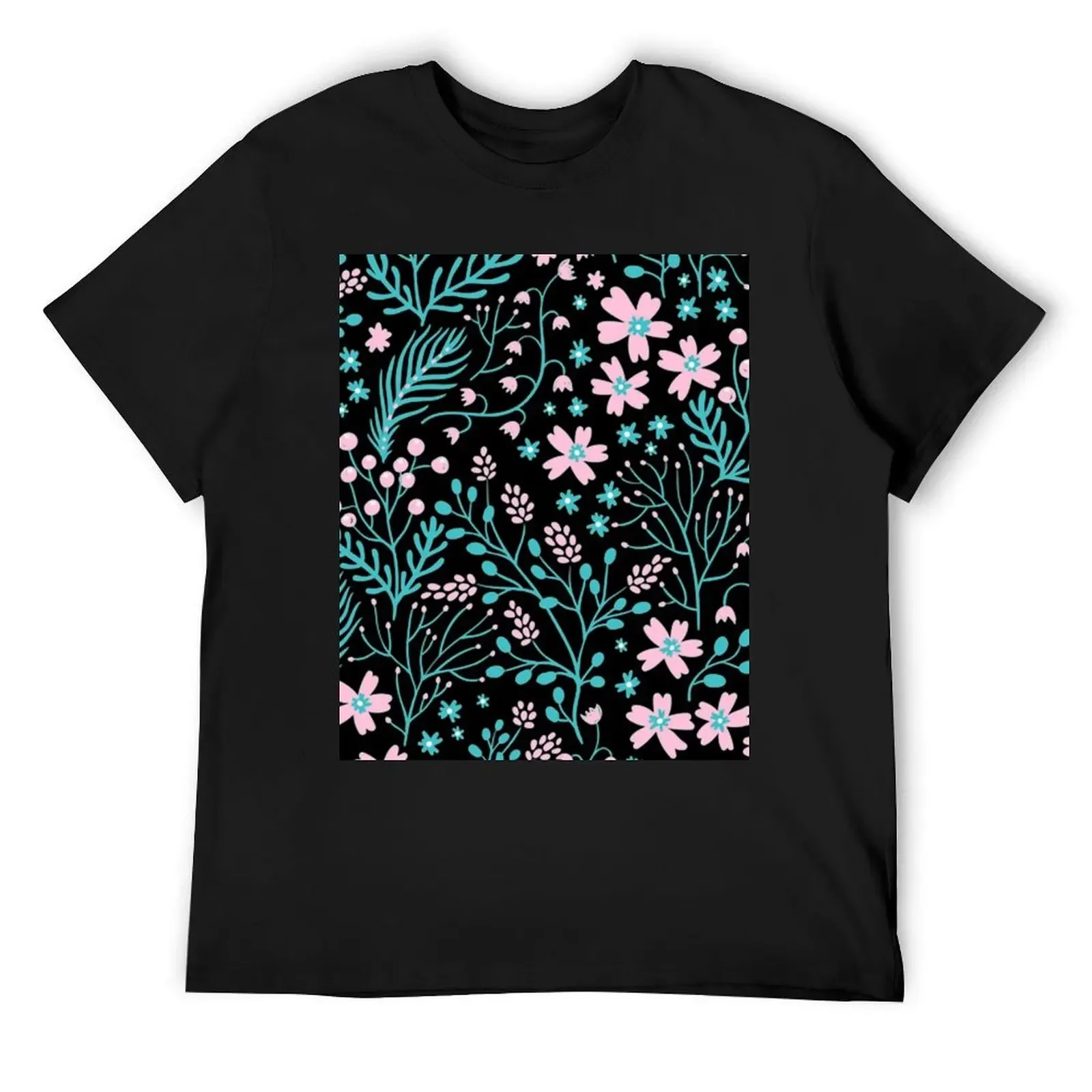 Pink and Teal Floral Pattern T-Shirt custom shirt graphic tee shirt customizeds men clothing