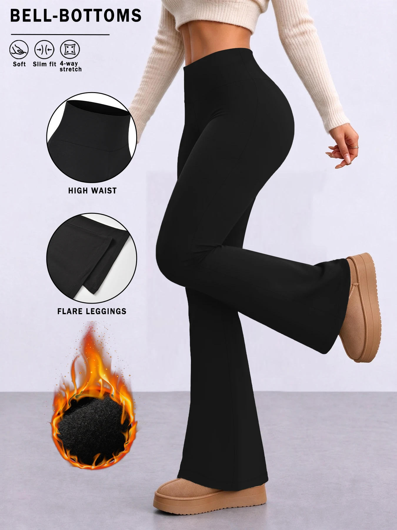 High Waisted Fleece Lining Leggings - Women's Super Soft Small Flare Pants with Tummy Control Design for Home Leisure Casual Wea