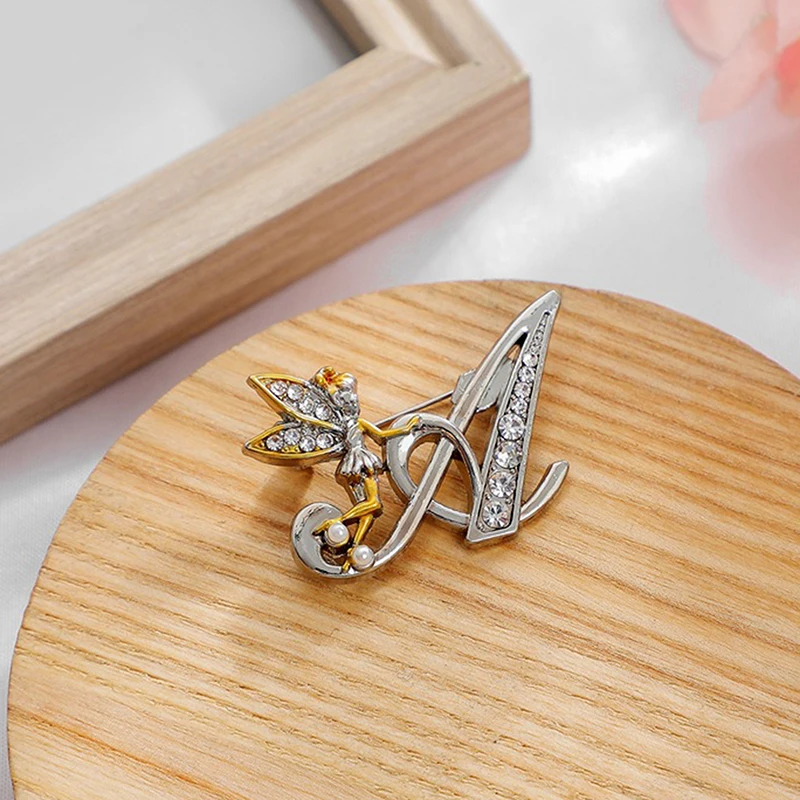 1PCS New Metal Crystal English Letter Word Brooch Elf Angel Lapel Pina Suit Shirt Collar Pins Brooches For Women Accessories