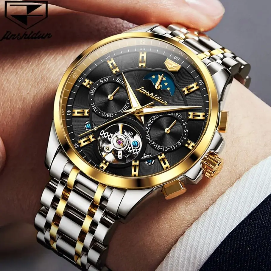 JSDUN 8945 Mens Watch Luxury Fashion Original Business Multifunctional Mechanical Watch﻿ Waterproof Moon Watches For Man Gifts