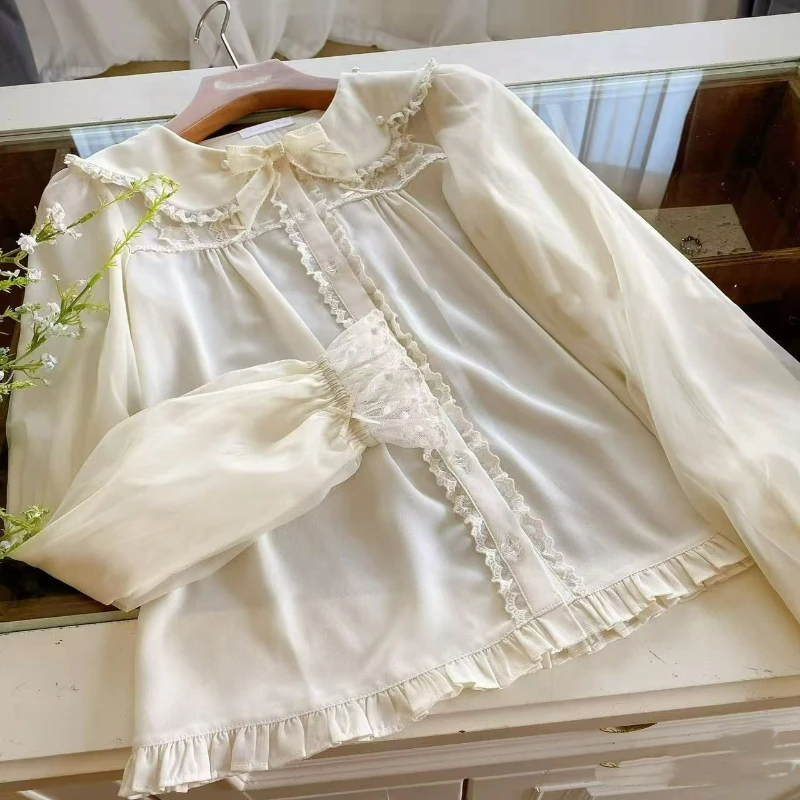 

Japanese Kawaii Lolita Style Shirts Women Sweet Ruffles Lace Patchwork Peter Pan Collar Blouses Autumn Vintage Elegant Cute Tops