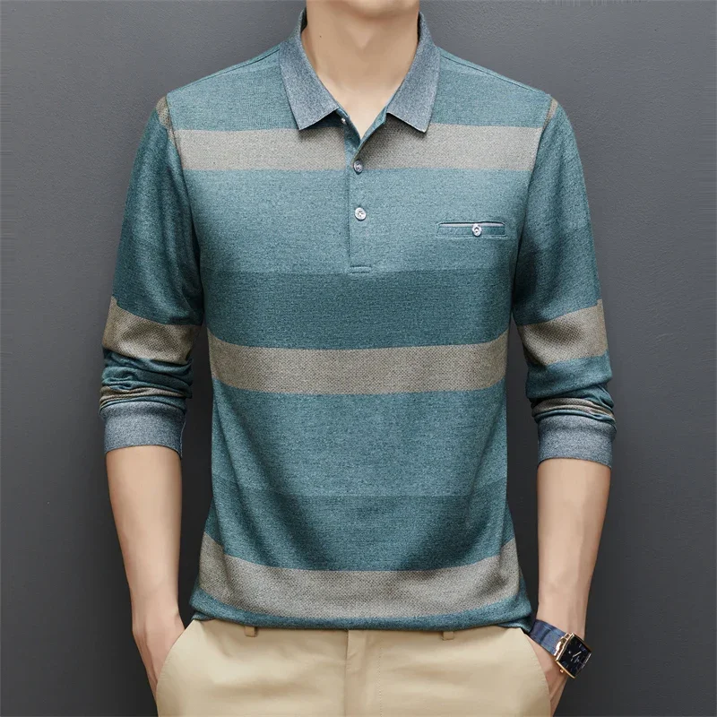 New Men\'s Casual Stripe Plaid Long Sleeve Polo Shirt Fashion Solid Polo Top