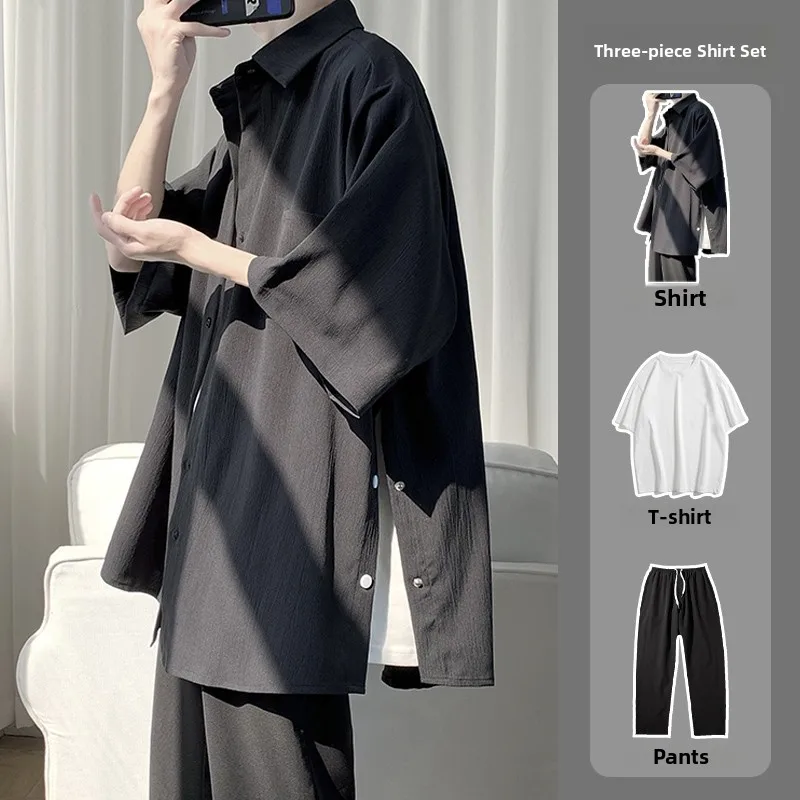 

Мужской летний комплект из двух предметов: футболка и шорты из ледяного шелка, свободного кроя, с разрезами, повседневный, уличный стиль, полиэстер