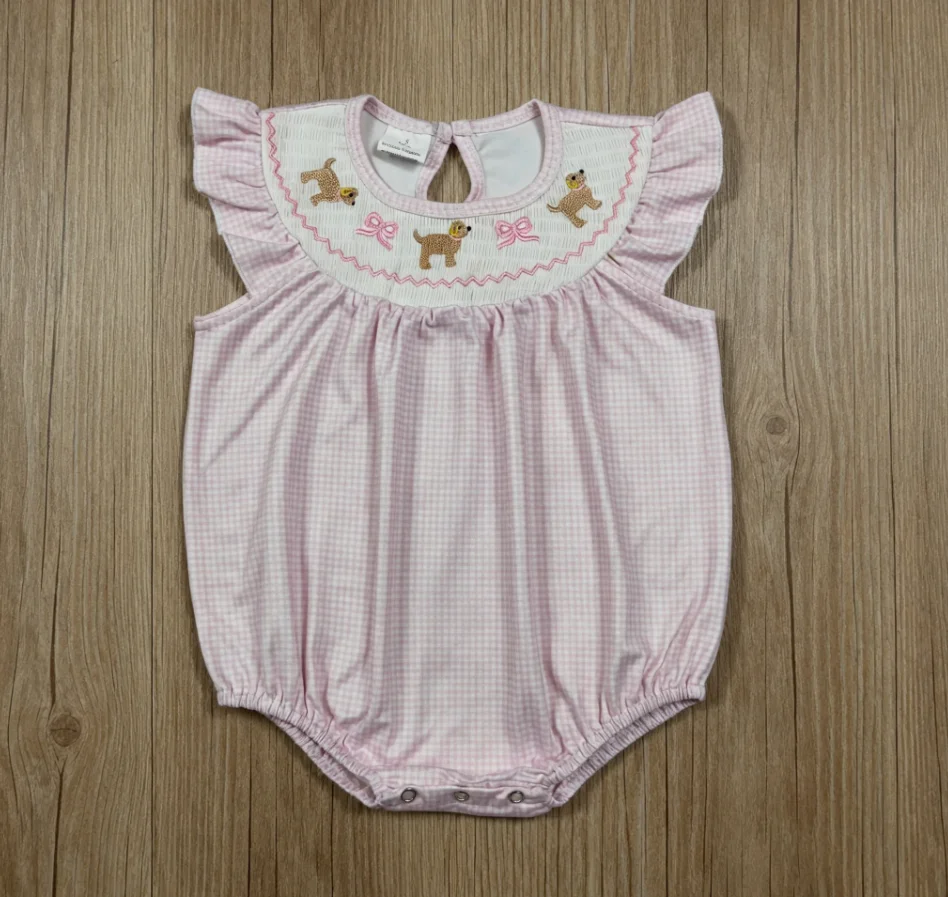 Wholesale Toddler Kids Embroidery Bows Dogs Clothes Newborn Short Sleeves Bubble Plaid Romper Baby Girl Children Summer Clothing