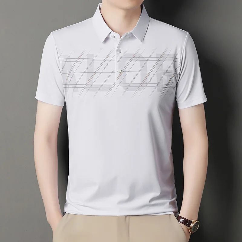 Summer Men Short Sleeve Polo Shirt Thin Business Casual Turn Down Collar Loose Fit Color Block Print Dark Green Light Pink Whit