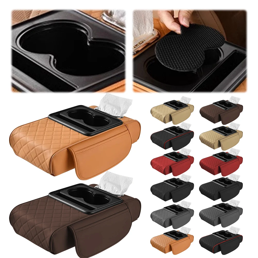 

Car Armrest Cushion with Tissue Box Cup Holder Phone Holder Center Console Cover Cars Center Console Organizer for Most Vehicles