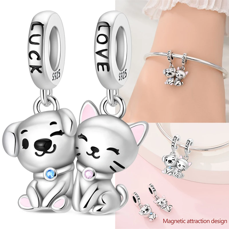 Cat Dog Hug Charms 925 Sterling Silver Cute Animal Embracing Pendant Fit Original Charm Bracelets Women DIY Jewelry Gift