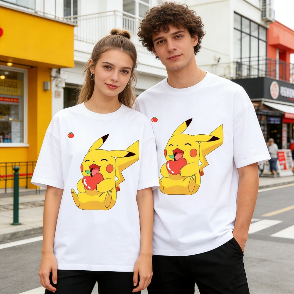 camiseta-unissex-casual-com-estampa-de-pikachu-e-maca-nova-colecao-2026-para-homens-mulheres-criancas-e-familia-blusas-de-manga-curta-estilo-streetwear-para-casais