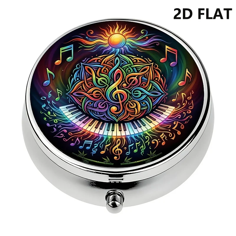 Flat, 1-piece organizer box, featuring a design with sheet music and a piano keyboard mandala, portable travel storage box for medication, pills, and vitamins, suitable for wallets or general use, a compact organizer for travel and daily use