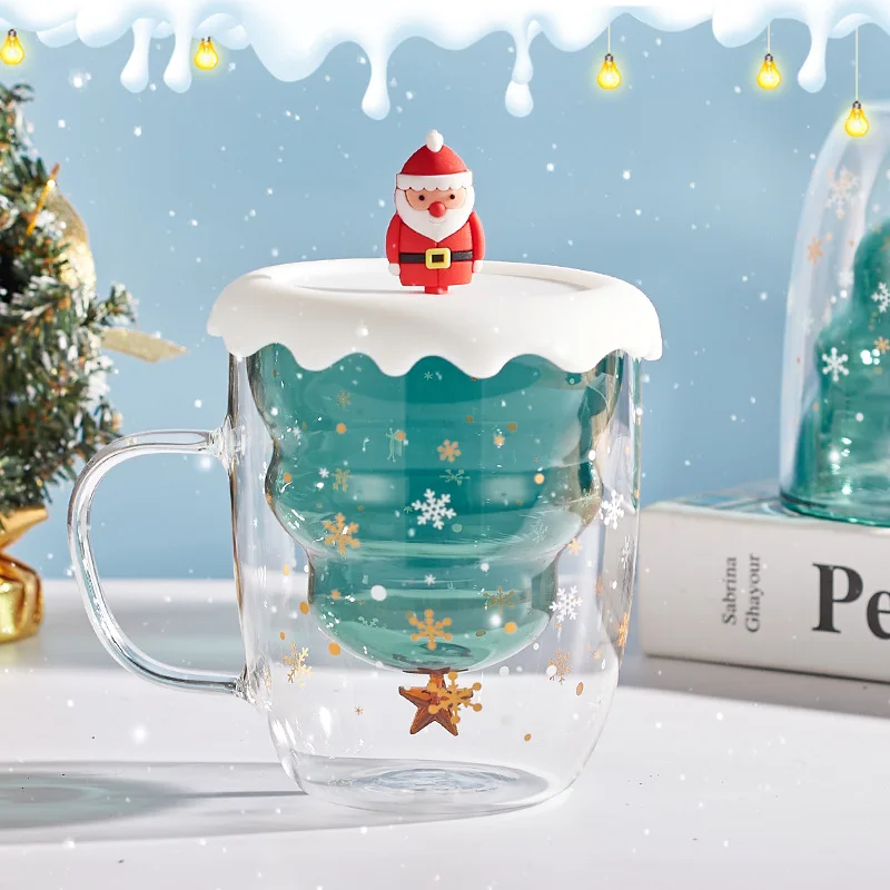 Tasse de Noël double couche Tasse à café avec couvercle Tasse en verre à haute teneur en borosilicate Tasse résistante aux hautes températures Cadeau de vacances pour enfants